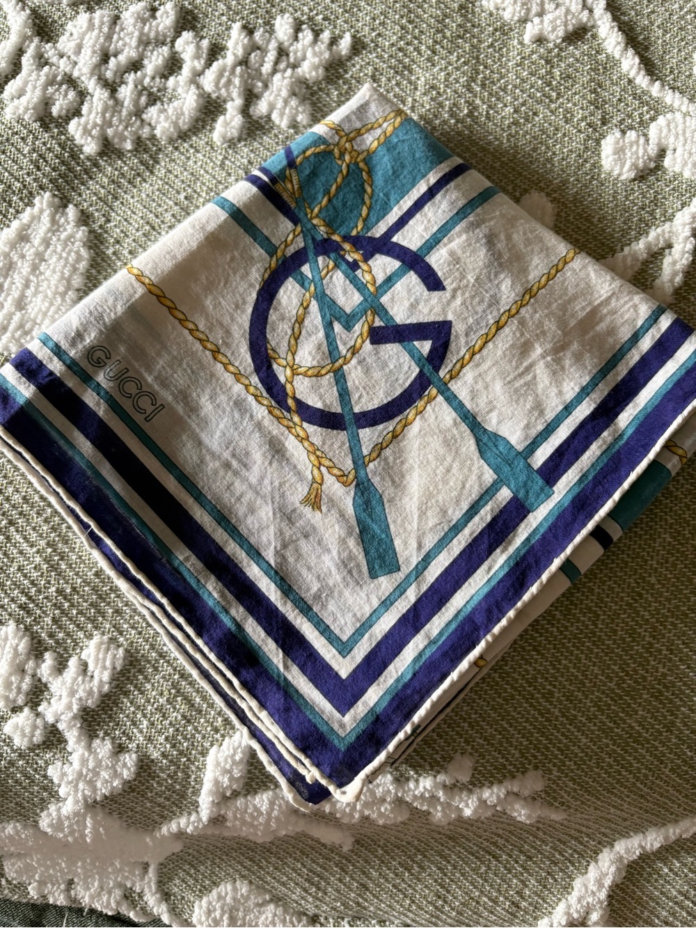 Gucci White cotton Scarf with Teal, Navy & Gold Rope Motif